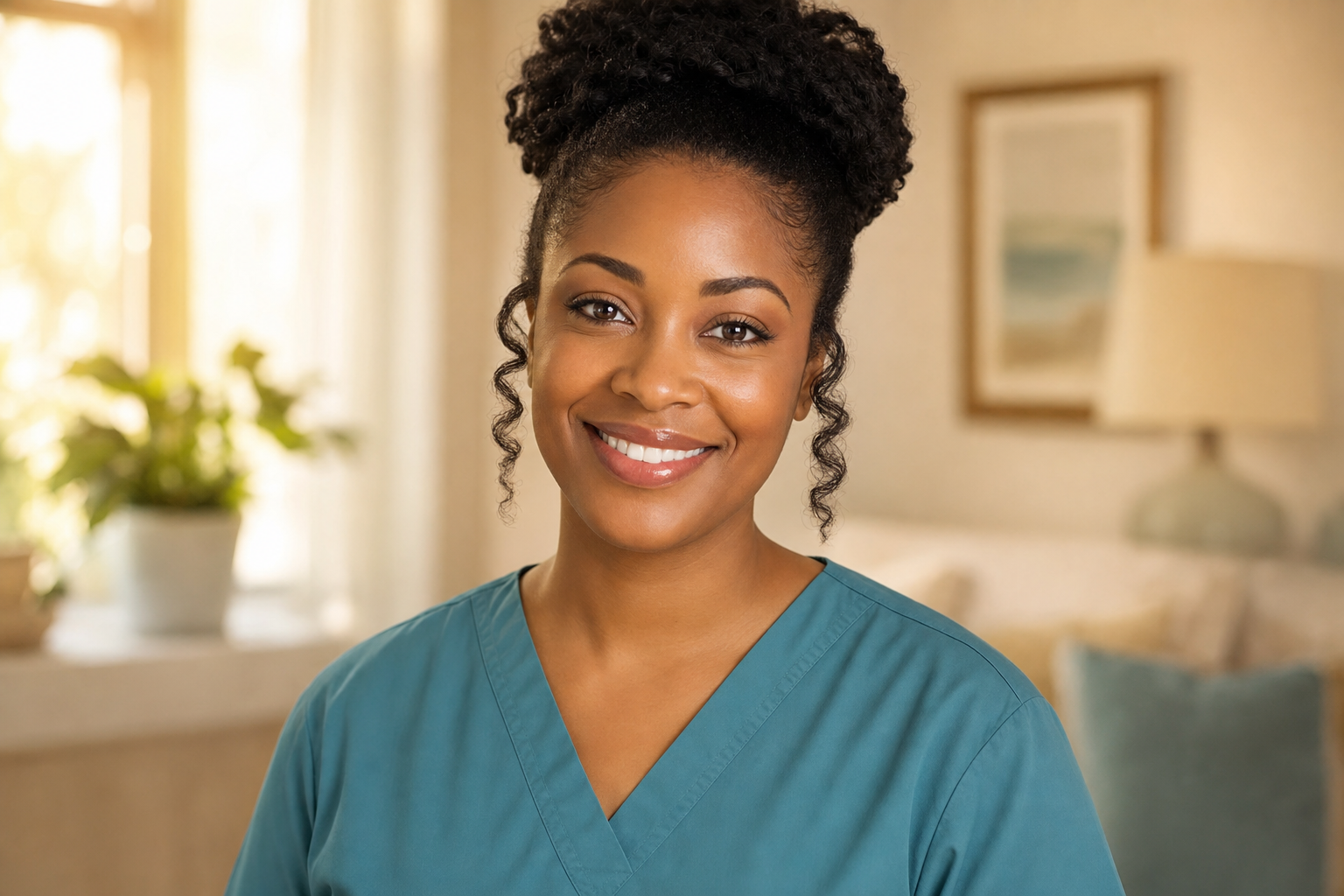 A compassionate Divine Grace Home Care KC caregiver in teal scrubs with a warm smile