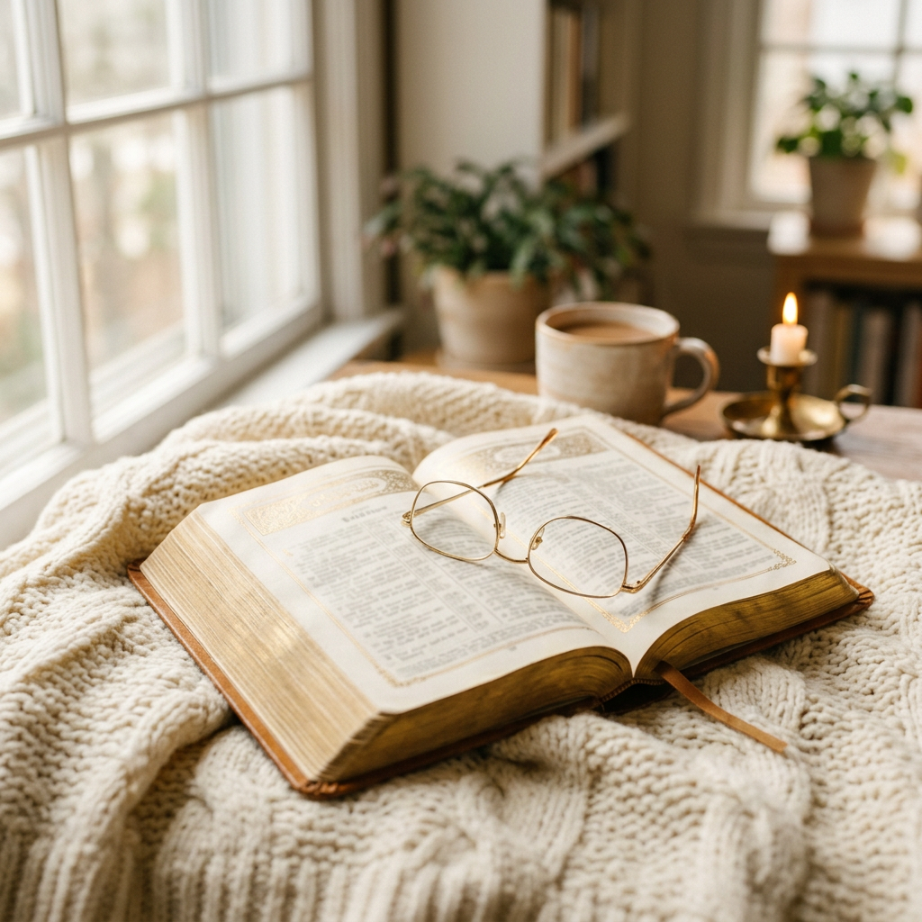 An open Bible and reading glasses on a soft blanket