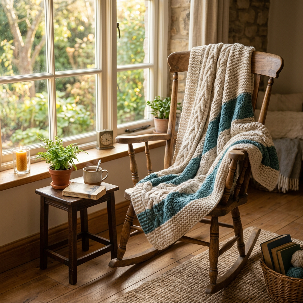 A knitted blanket draped over a rocking chair