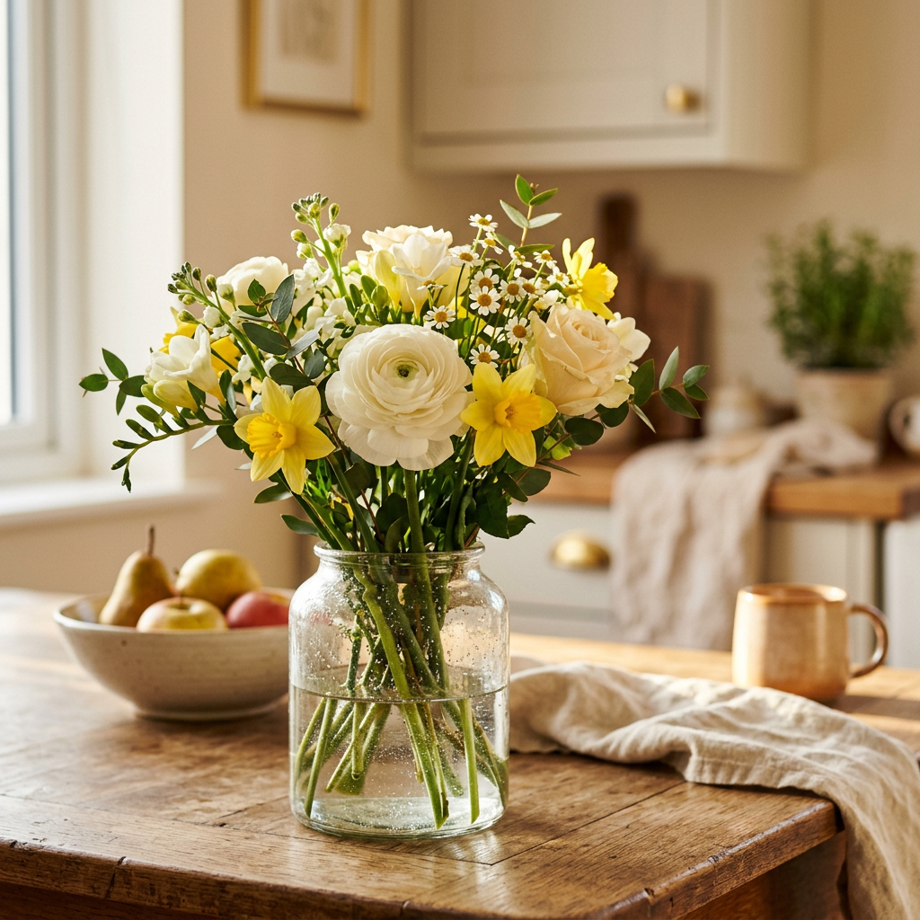 A vase of fresh flowers in warm afternoon light