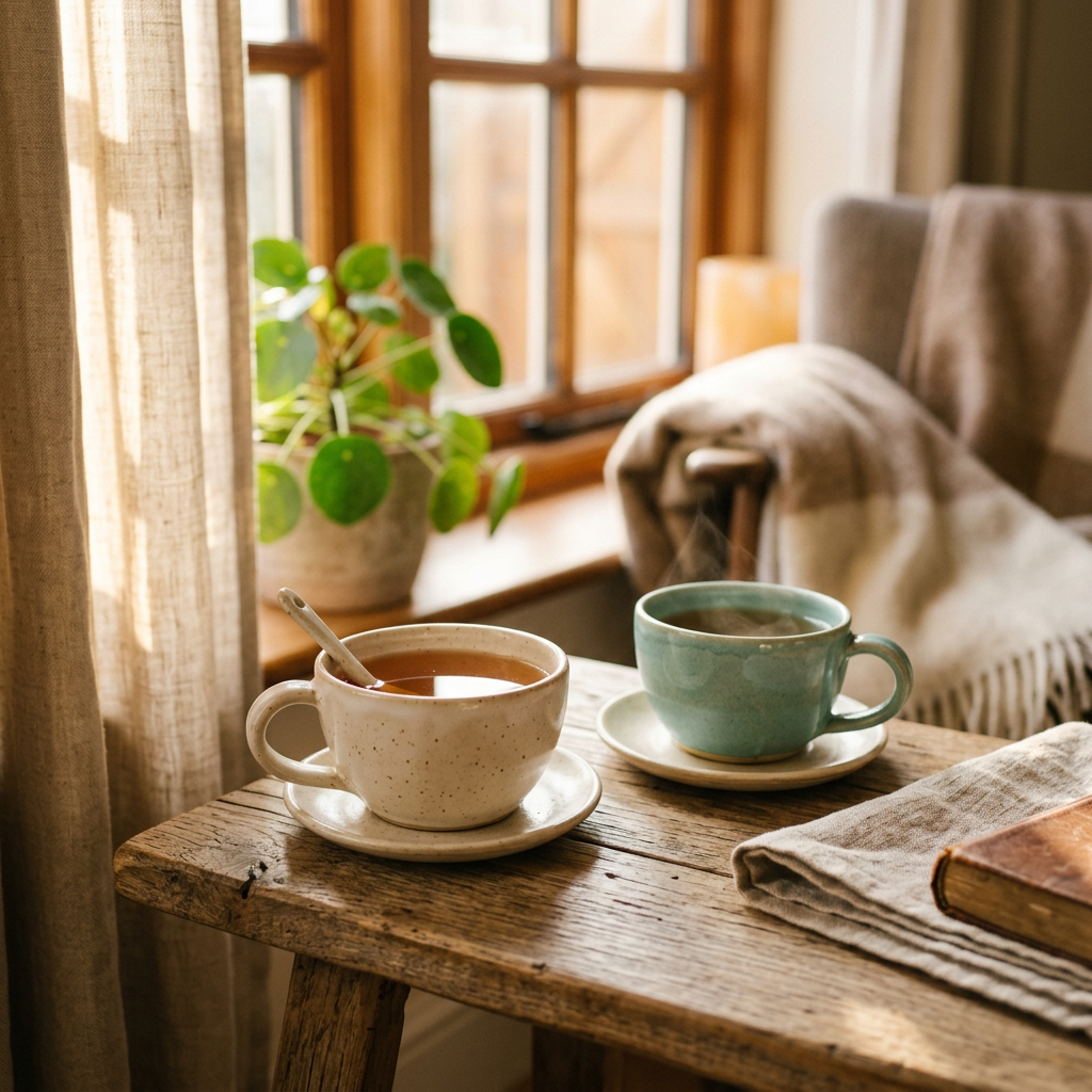 Two teacups on a table beside a sunlit window