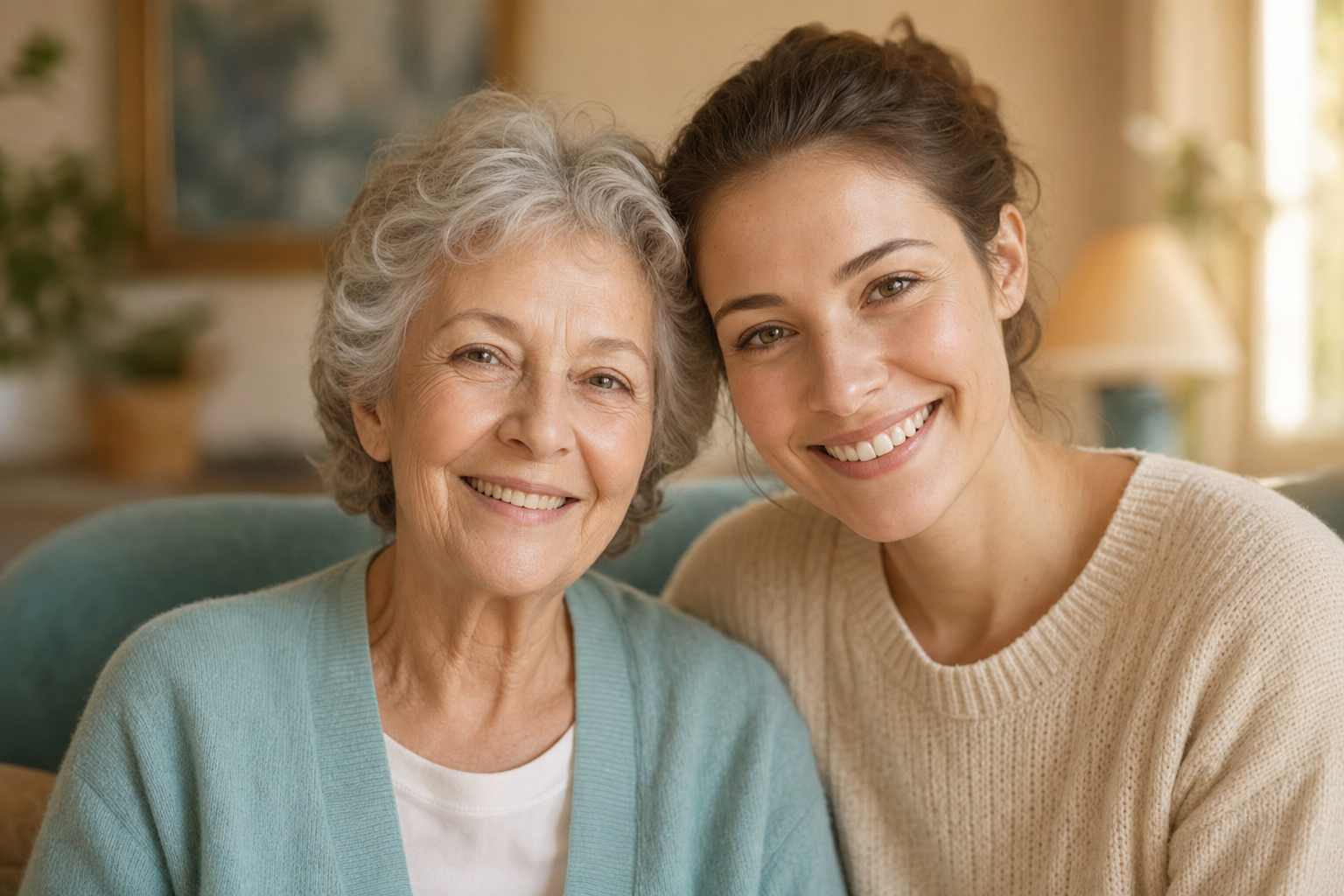 A caregiver and senior sharing a warm moment together
