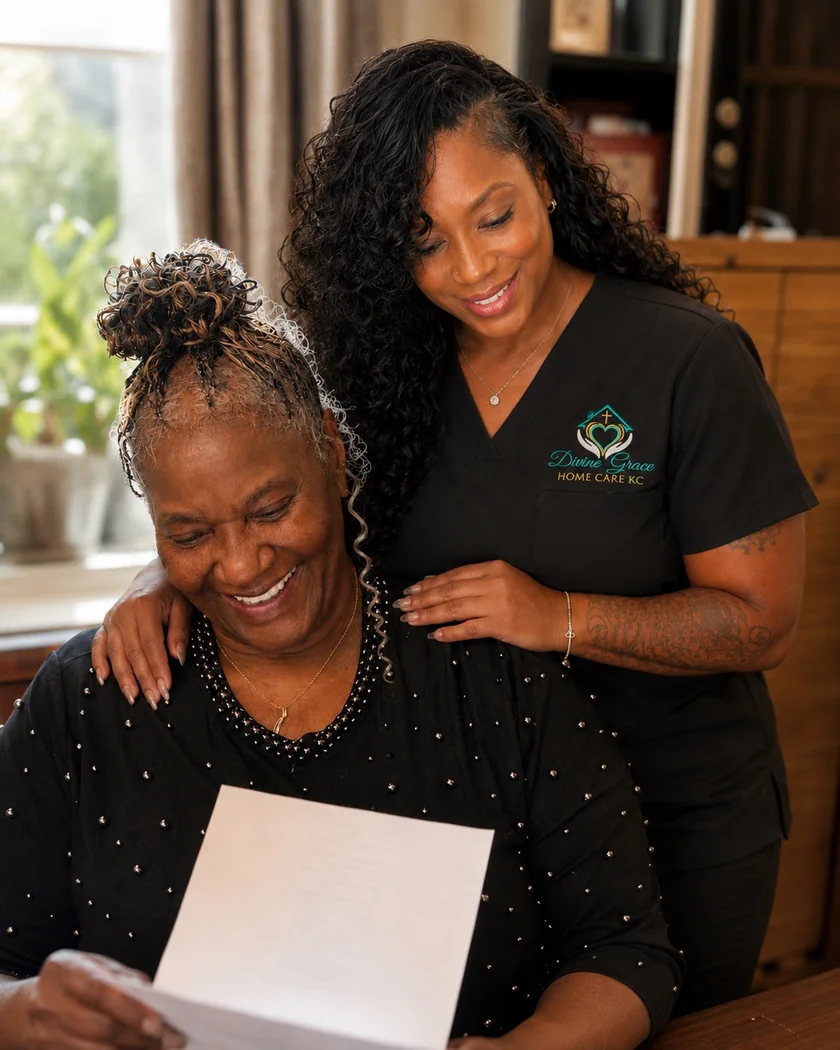 Johnna, founder of Divine Grace Home Care KC, sharing a warm moment with a client
